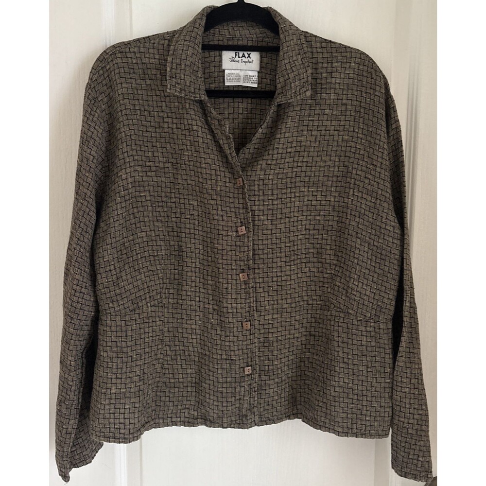 Flax Jeanne Engelhart Top 100% Linen Beige Check Pattern Button Up Minimalist L